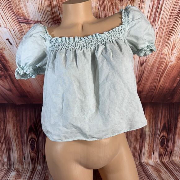 Aritzia Tops - Aritzia Sunday Best Sz Small Teal Linen Blend Crop Top Shirt Elastic Puff Sleeve